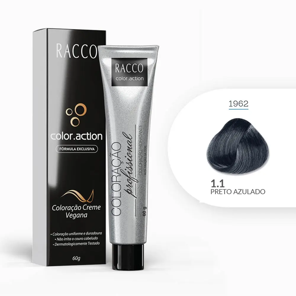 Coloração Creme Color.Action Racco - Preto Azulado, 60g